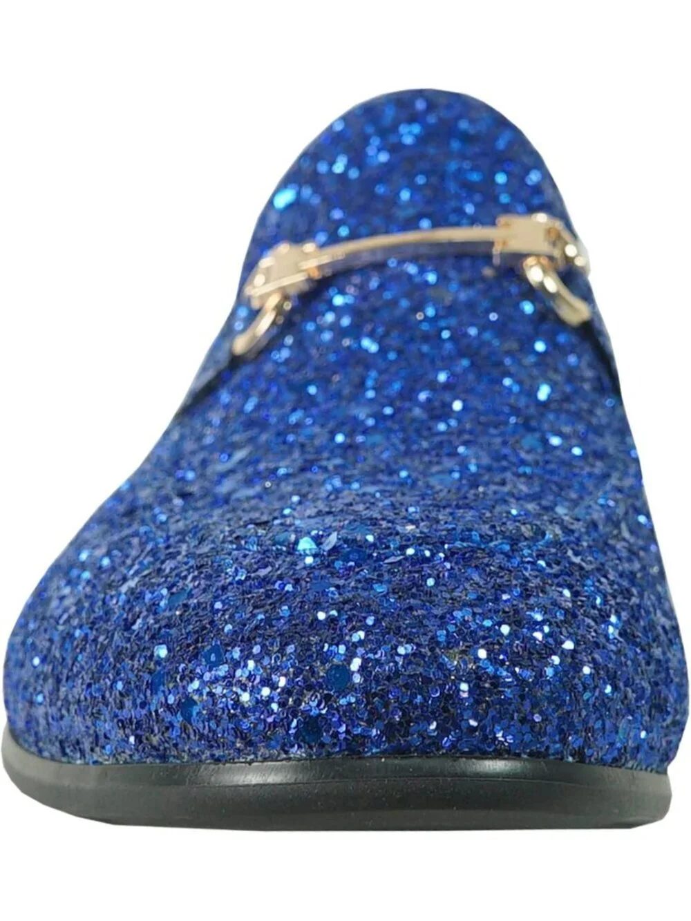 Men's Blue Glitter Loafers Metal Buckle Cap Toe Metallic Slip On Prom Shoes